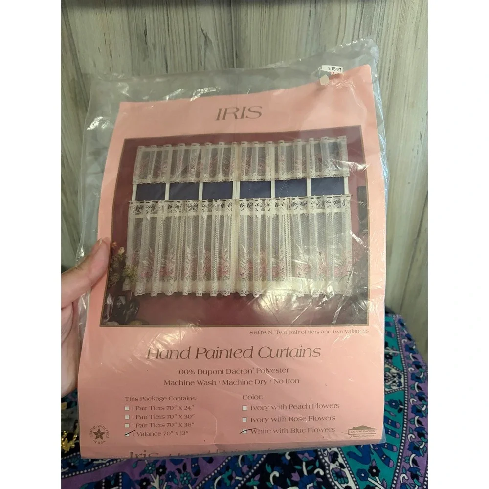 Iris Vintage Hand Painted Lace Window Valance White Blue Flowers 70x12 New